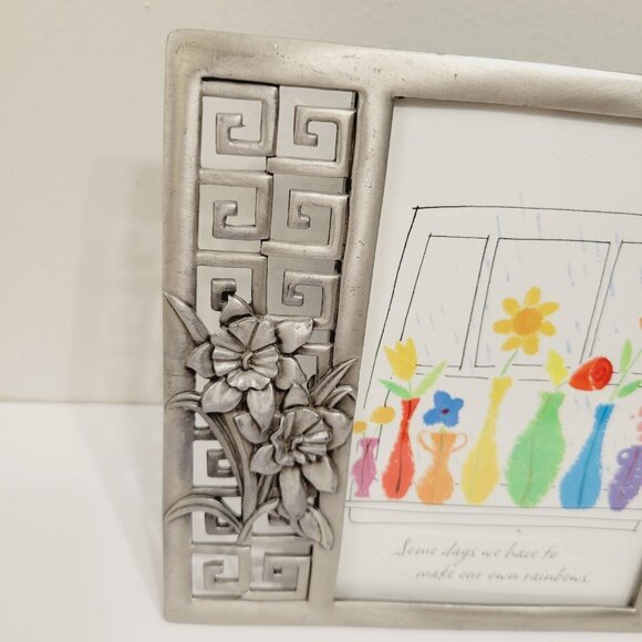 Vtg Silver Toned Square Floral Photo Picture Frame - Picture 2 of 5